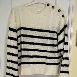 Elegant Cream and Black Striped Sweater with Button Detail